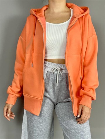 Önü Cepli Kapşonlu Sweat Hırka (Oranj)