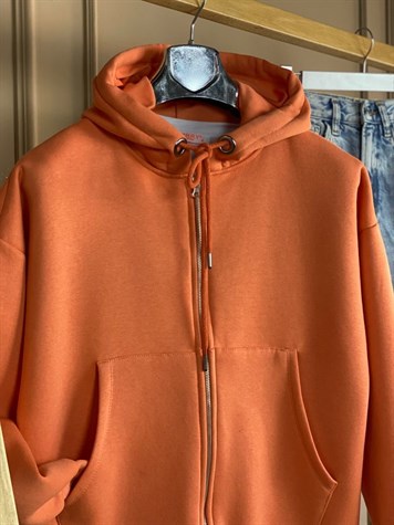 Önü Cepli Kapşonlu Sweat Hırka (Oranj)