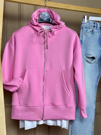 Önü Cepli Kapşonlu Sweat Hırka (Pembe)