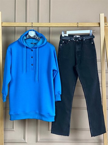 Önü Çıtçıt Detaylı Tunik Sweat (Saks Mavi)