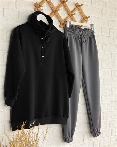 Önü Çıtçıt Detaylı Tunik Sweat (Siyah)