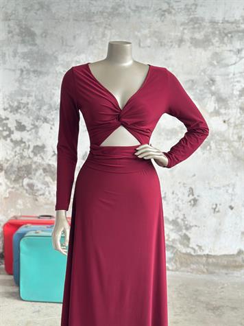 Önü Pencere Detaylı Midi Elbise (Bordo)