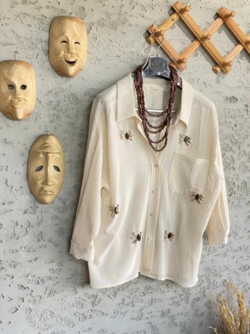 Organik Coton Boncuk İşlemeli Gömlek (Bej)