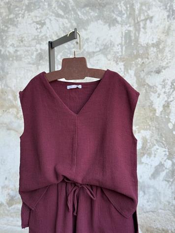 Organik Ham Keten V Yaka Şortlu Takım (Bordo)