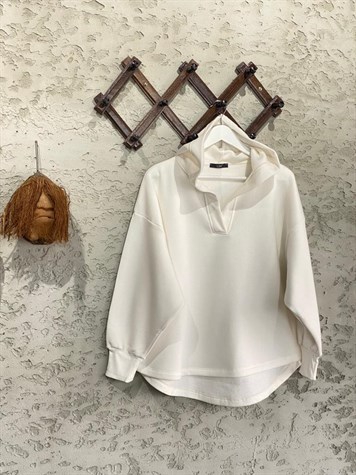 Organik Pamuk Yaka Detaylı Kapüşonlu Basic Sweat Ekru