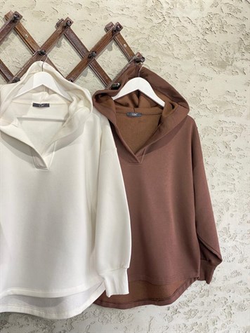 Organik Pamuk Yaka Detaylı Kapüşonlu Basic Sweat Ekru