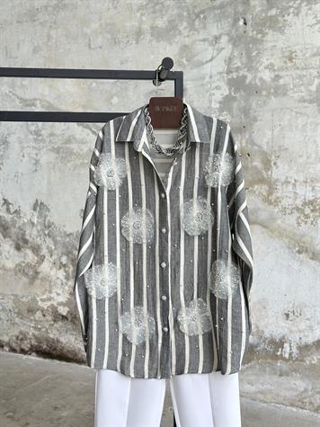 Organze Çiçek İnci Detaylı Çizgili Gömlek (Gri)