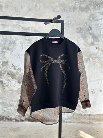 Organze Kumaş Leopar Desen Sweat (Siyah)