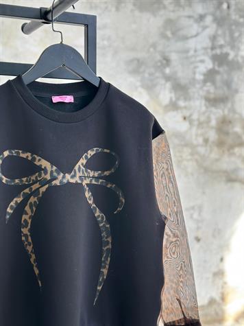 Organze Kumaş Leopar Desen Sweat (Siyah)