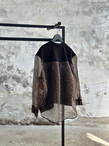 Organze Kumaş Leopar Desen Sweat (Siyah)