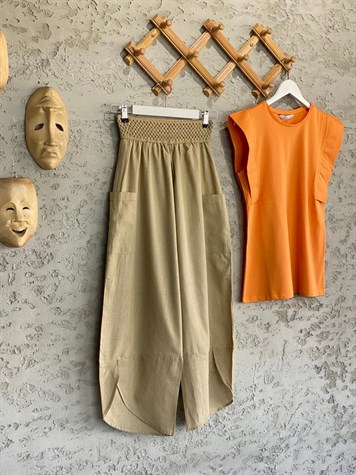 Örgü Kemer Beli Lastikli Şalvar Keten Pantolon (Camel)