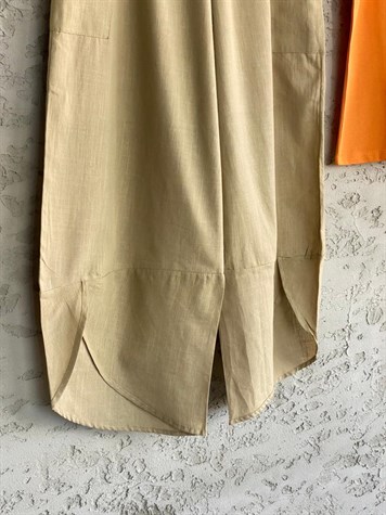 Örgü Kemer Beli Lastikli Şalvar Keten Pantolon (Camel)