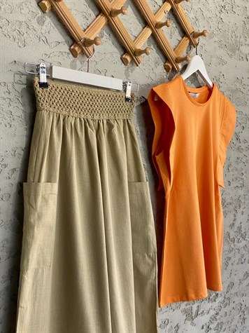 Örgü Kemer Beli Lastikli Şalvar Keten Pantolon (Camel)