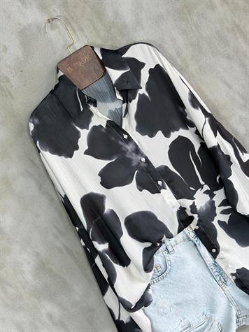 Oversize Desenli Pamuk Saten Gömlek (Siyah)