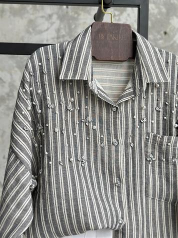 Oversize İnci Taş İşçilikli Çizgili Gömlek (Gri)