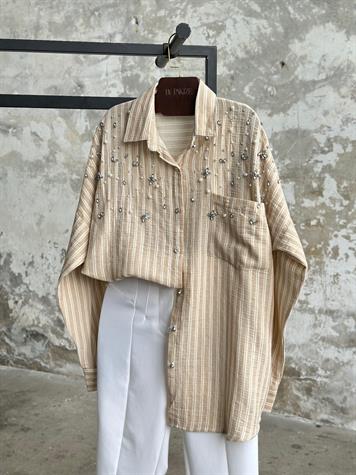 Oversize İnci Taş İşçilikli Çizgili Gömlek (Bej)