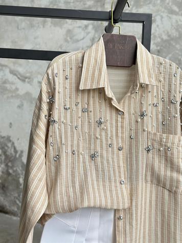 Oversize İnci Taş İşçilikli Çizgili Gömlek (Bej)