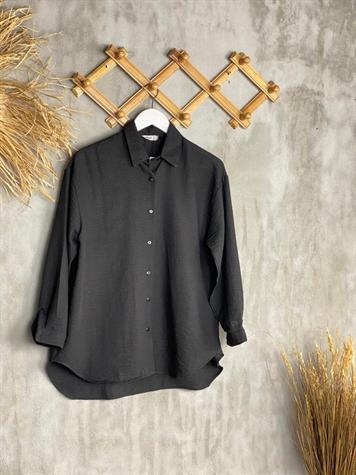 Oversize Kesim Keten Kadın Gömlek (Siyah)