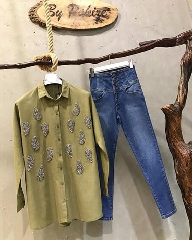 Oversize Kesim Özel Kristal Taş El İşçikikli Gömlek (HAKİ)