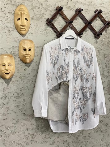 Oversize Keten Kumaş Pul İşlemeli Gömlek