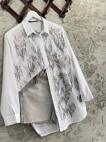 Oversize Keten Kumaş Pul İşlemeli Gömlek