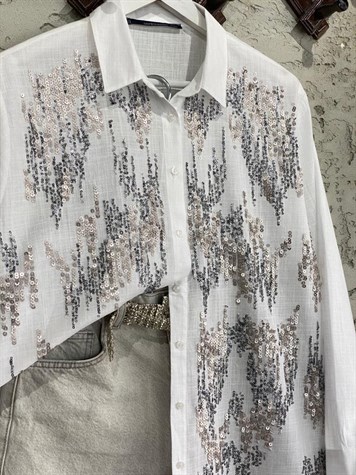Oversize Keten Kumaş Pul İşlemeli Gömlek