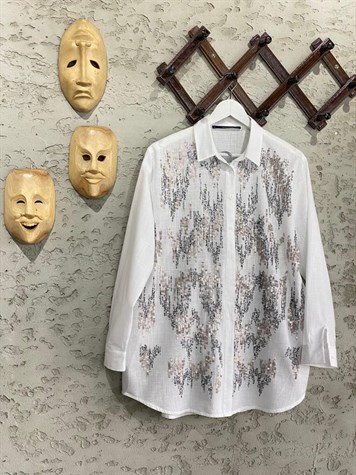 Oversize Keten Kumaş Pul İşlemeli Gömlek