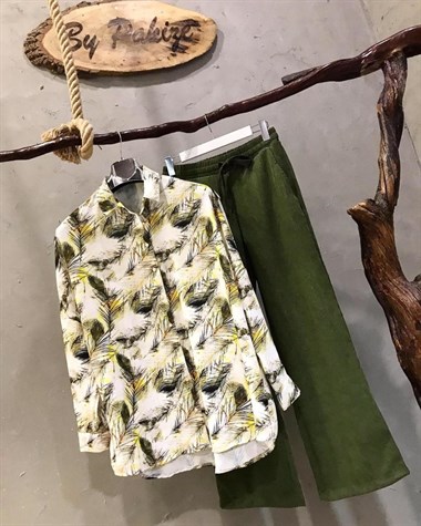 Oversize Saten Kumaş Yaprak Desenli Gömlek