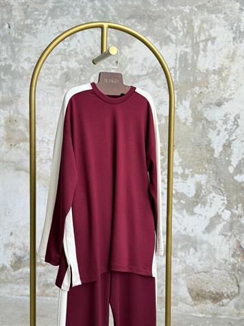 Oys Kumaş Yan Şerit Detaylı Paça Yırtmaçlı Takım (Bordo)