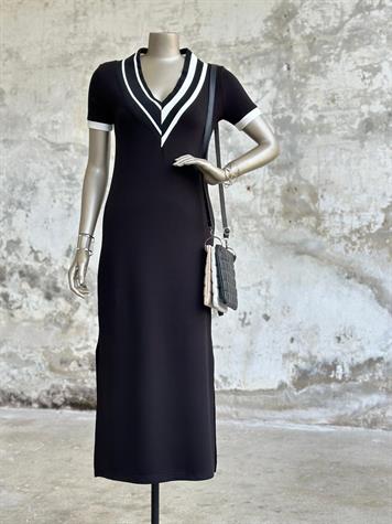 Oysh Kumaş Beyaz Şerit Detaylı Elbise (Siyah)