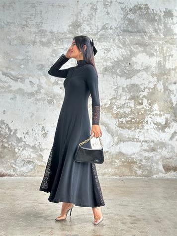 Oysh Kumaş Güpür Detaylı Elbise (Siyah) 