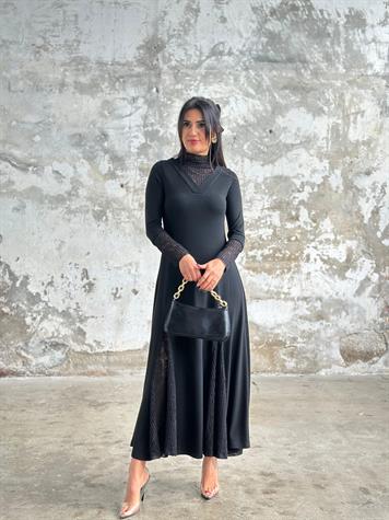 Oysh Kumaş Güpür Detaylı Elbise (Siyah) 