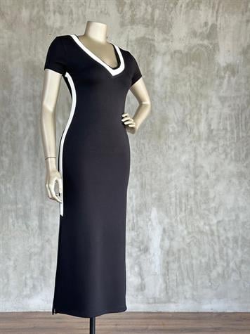 Oysh Kumaş Yanı Beyaz Şerit Detaylı Elbise (Siyah)