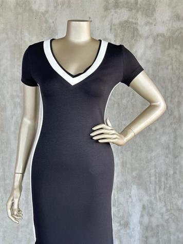 Oysh Kumaş Yanı Beyaz Şerit Detaylı Elbise (Siyah)