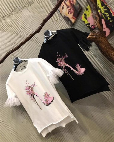 Özel Kristal Taş El İşçilikli Kolları Tül Tshirt (BEYAZ & SİYAH)