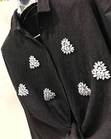 Özel Kristal Taş El İşçilikli Oversize Gömlek (KOYU ANTRASİT)