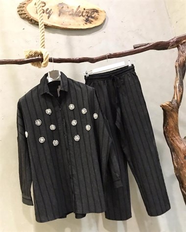 Özel Kristal Taş İşçilikli Çizgili Oversize Kesim Takım