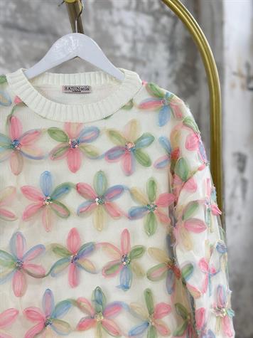 Özel Tasarım Komple Tül Üzeri Organze Çiçekli Kazak (Pembe)