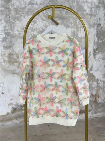 Özel Tasarım Komple Tül Üzeri Organze Çiçekli Kazak (Pembe)