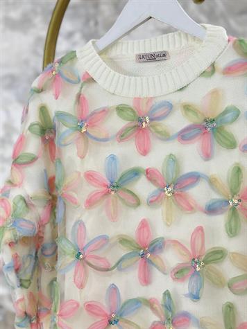 Özel Tasarım Komple Tül Üzeri Organze Çiçekli Kazak (Pembe)