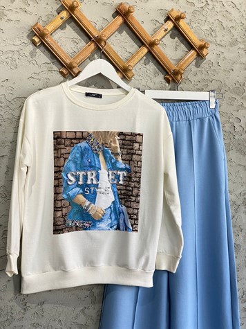 Özel Taşlı Kot Ceketli Kız Baskılı Sweat (Ekru)