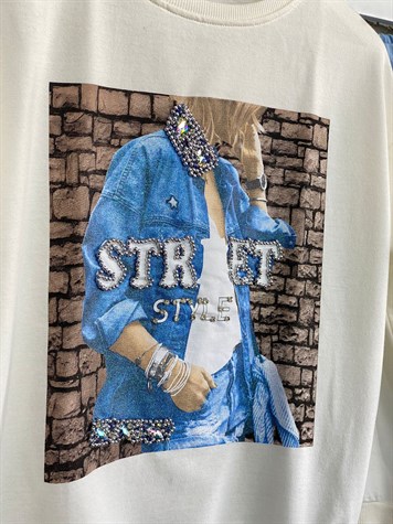 Özel Taşlı Kot Ceketli Kız Baskılı Sweat (Ekru)