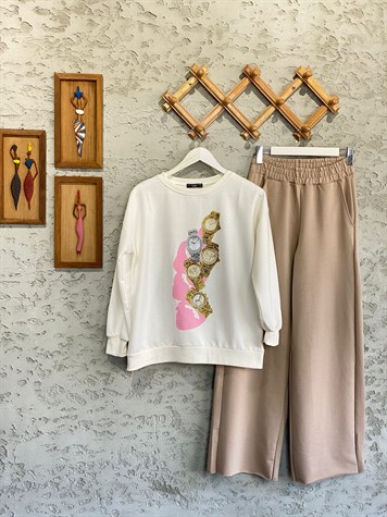 Özel Taşlı Saat Baskılı Sweat (Ekru)