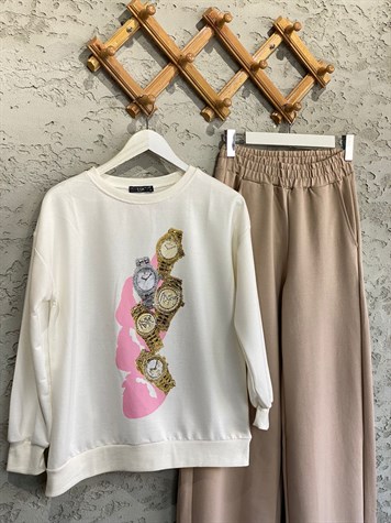 Özel Taşlı Saat Baskılı Sweat (Ekru)