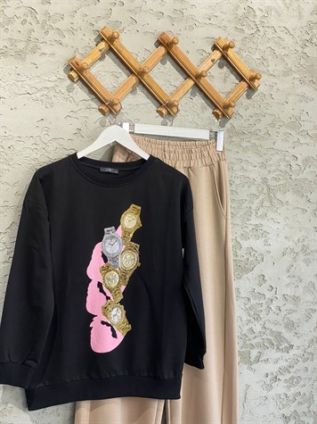 Özel Taşlı Saat Baskılı Sweat (Siyah)