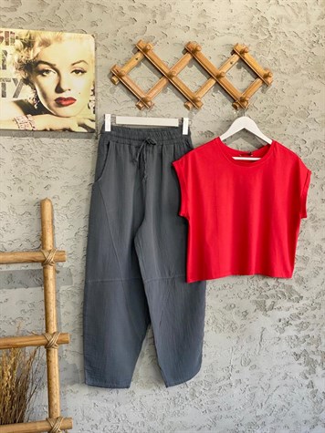 Paça Detaylı Bol Kesim Cepli Pantolon (Gri)