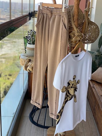 Paça Katlama Detaylı Eşofman Pantolon (Bej)