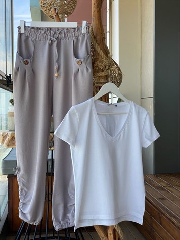 Paçaları Büzgü Detaylı Pantolon (Gri)