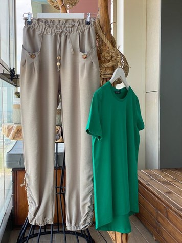 Paçaları Büzgü Detaylı Pantolon (Haki)