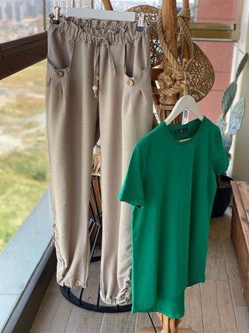 Paçaları Büzgü Detaylı Pantolon (Haki)